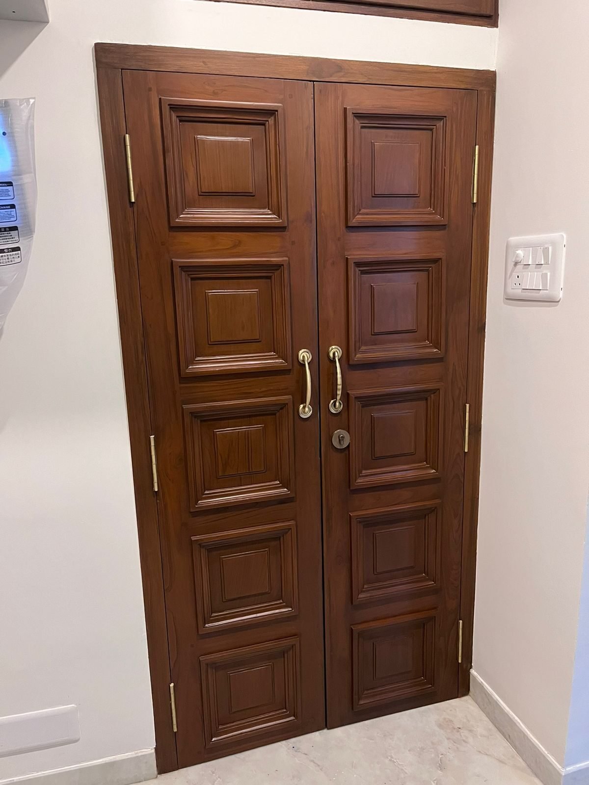 Pair of hand-carved teak entrance doors with brass fittings