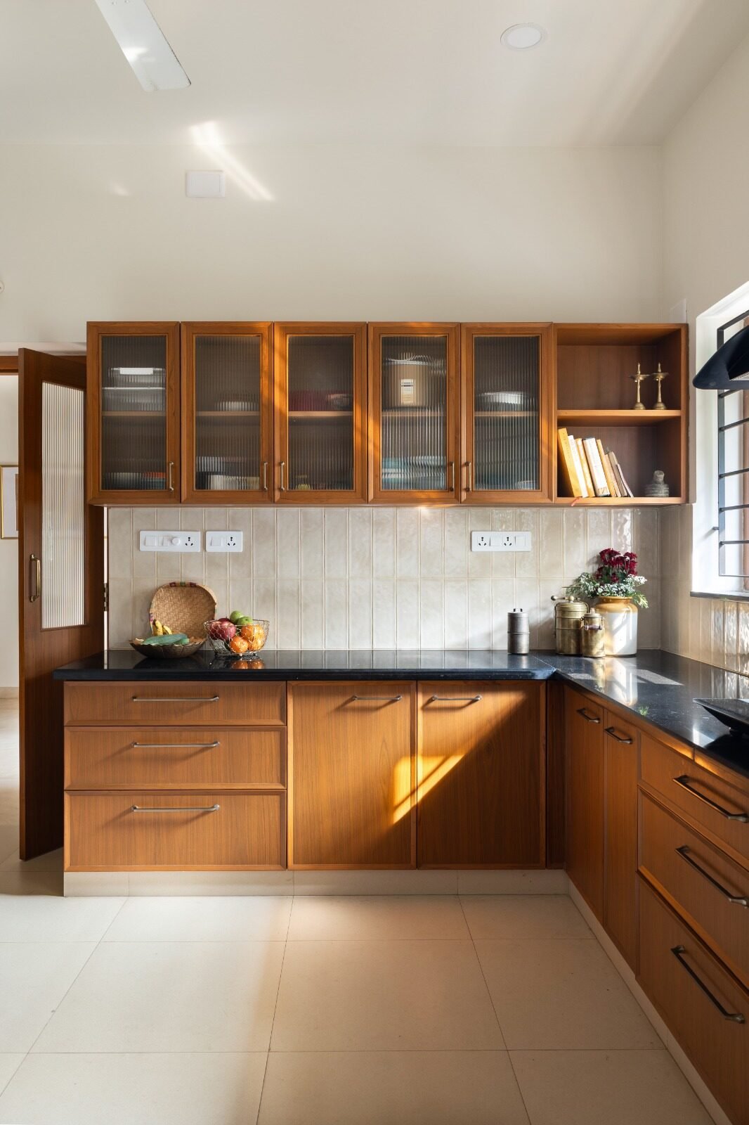 Wide L-shaped modular teak kitchen